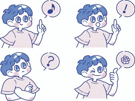男の子の4つの表情セット　吹き出し付き 子ども,男の子,小学生,表情,ポーズ,指さし,ポイント,教える,説明,ウインクのイラスト素材