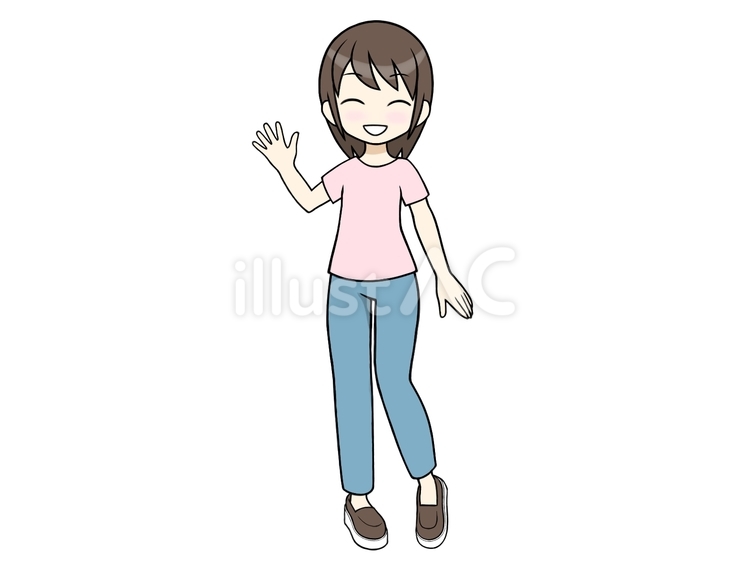 片手を上げる笑顔の女性 女性,ピンク,tシャツのイラスト素材