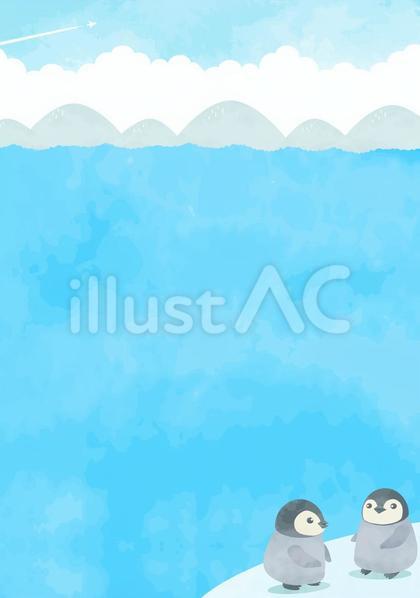 海と子ペンギンたちの背景イラスト