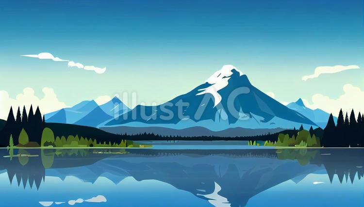 高い山と湖に反射している風景画 山,湖,反射のイラスト素材