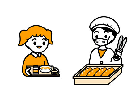 給食当番・給食を受け取る子ども01 人物,子ども,女の子,男の子,白衣,トング,マスク,パン,コッペパン,給食のイラスト素材