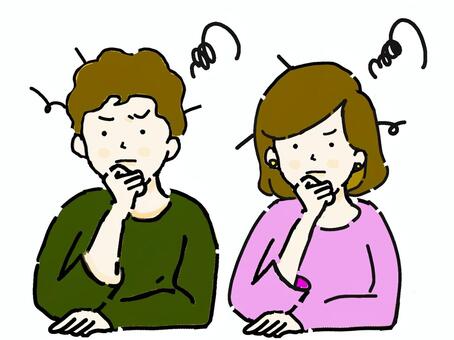 混乱して悩む若い男性と女性 混乱,考える,悩む,男性,女性,夫婦,カップル,人物,困る,手描きのイラスト素材