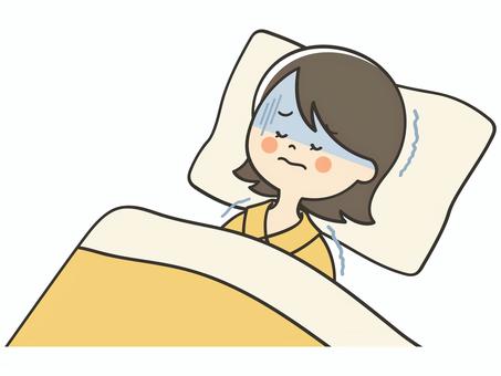 体調不良で寝込む若い女性 風邪,熱,発熱,病気,寝込む,寝苦しい,うなされる,苦しい,しんどい,寒いのイラスト素材