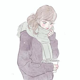 コーヒーを持つ女性(パープル) 女性,女の子,きれい,可愛い,大人女子,大人可愛い,コーヒー,ニット,ロングセーター,マフラーのイラスト素材