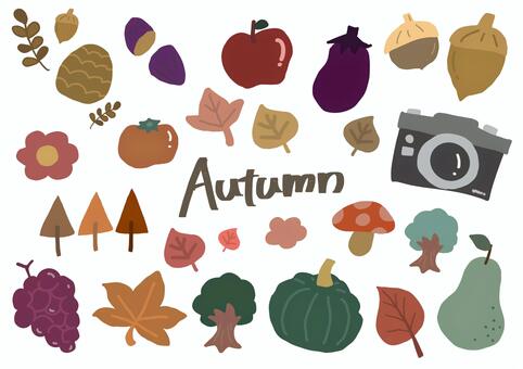 秋の色々イラストセット 秋,autumn,野菜,どんぐり,松ぼっくり,落ち葉,紅葉,カメラ,フルーツ,花のイラスト素材
