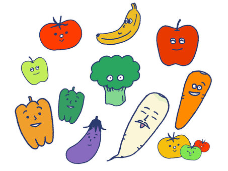 ゆるい野菜と果物のセット 野菜,果物,ゆるい,ゆるキャラ,セット,ポップ,明るい,はっきり,シンプル,手描きのイラスト素材
