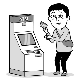 ATMを操作しようとする男性_モノクロ 振り込み,atm,キャッシュカード,払い込み,入金,現金,詐欺,公共料金,用紙,ペイジーのイラスト素材