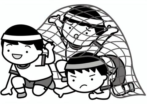 障害物競走-2c 障害物競走,運動会,競技,競走,網,くぐる,小学生,はちまき,体育着,運動着のイラスト素材
