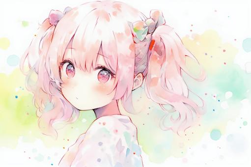 Watercolor girl with pink twin tails, watercolor, girl, pink, JPG