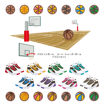 バスケコート・ボール・シューズセット スポーツ,バスケットボール,コート,シューズ,ボールのイラスト素材
