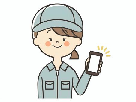 スマホ画面を見せる作業員女性 作業員,清掃員,スマホ,画面,見せる,登録,誘導,紹介,案内,説明のイラスト素材