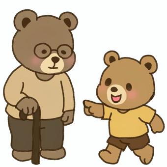 お年寄りクマに道案内するキッズクマ 親切,思いやり,やさしい,案内,熊,キャラクター,かわいい,動物,年配,高齢者のイラスト素材