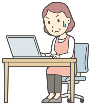  真剣にノートパソコンを見るおばさん パソコン,女性,人,人物,主婦,中年,シニア,エプロン,ママ,お母さんのイラスト素材