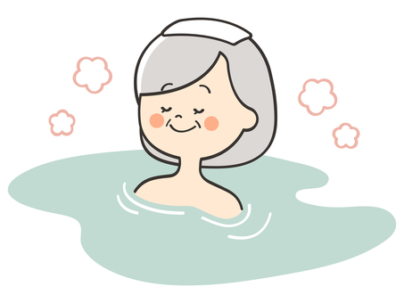 温泉に浸かるおばあさん 温泉,銭湯,お風呂,風呂,入浴,露天風呂,湯船,浸かる,リラックス,おばあさんのイラスト素材