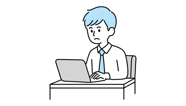 真剣な顔で仕事をする男性 男性,ネクタイ,会社,仕事,パソコン,真剣,デスクワーク,シンプルのイラスト素材