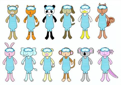ぬいぐるみ動物水着 ぬいぐるみ,動物,夏,水着,くま,ねこ,パンダ,いぬ,アヒル,リスのイラスト素材