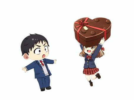 巨大チョコの気合の青春のバレンタインデー バレンタイン,ハート,チョコレート,学生,プレゼント,ギフト,リボン,青春のイラスト素材