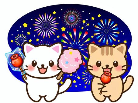 縁日を楽しむ猫のイラスト素材 わたあめ,りんご飴,猫,動物,花火,飴,お菓子,食べ物,綿菓子,りんごのイラスト素材