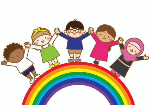 虹の上で万歳する多国籍の子供達 平和,虹,万歳,多様性,平等,人種,多民族,多国籍,多人種,世界のイラスト素材
