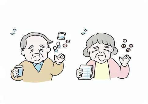 お薬のことで困る高齢男女 お薬のことで困る高齢男女 人物,生活,日常,日課,高齢者,おじいちゃん,おばあちゃん,中高年,中年,男性のイラスト素材