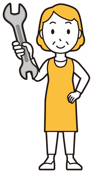  エプロンおばちゃん(黄)-078-全身 修理,おばちゃん,エプロン,お母さん,ママ,中年,おばさん,主婦,人物,かわいいのイラスト素材