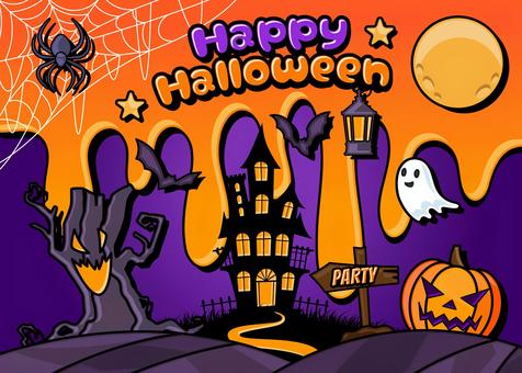 アメコミ風素材(ハロウィン) vol33 ハロウィン,かぼちゃ,コウモリ,アメコミ,蜘蛛,スパイダー,蜘蛛の巣,満月,月,ツリーのイラスト素材