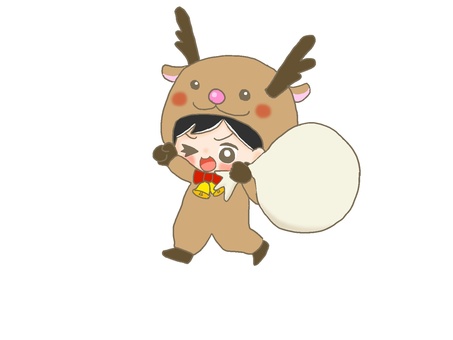 元気なトナカイ２ 手描き,男の子,黒髪,着ぐるみ,コスプレ,仮装,トナカイ,クリスマス,袋,ベルのイラスト素材