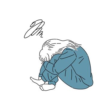 不調でうずくまる女性 女性,全身,不調,体調不良,病気,低血圧,落ち込み,うずくまる,落ち込む,鬱のイラスト素材