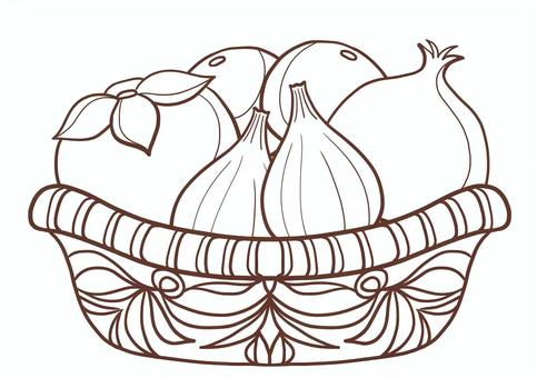 果物かごのぬりえ ぬりえ,果物,柿,いちじく,ザクロ,みかん,かご,模様,かわいい,シンプルのイラスト素材