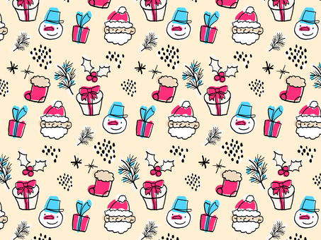 手書きのかわいいクリスマス背景　カラー2 クリスマス,冬,背景,手描き,サンタクロース,キラキラ,雪の結晶,雪,星,サンタのイラスト素材