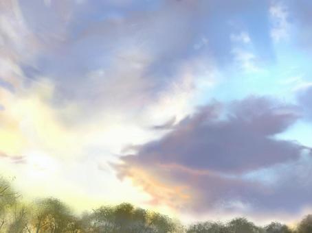 やさしい 初夏の朝焼けの空 朝焼け,空,雲,朝の空,青空,幻想的,自然,風景,背景,木々のイラスト素材