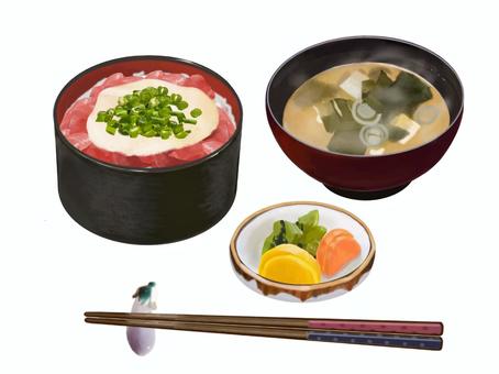 マグロの山かけ丼と味噌汁（漬物付き） マグロ,まぐろ,鮪,山かけ,山かけ丼,味噌汁,長芋,山芋,とろろ,漬けマグロのイラスト素材