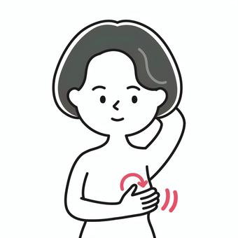 胸確認2 上半身 裸_顔白-影 GBW 女性,ミセス,はだか,乳がん検診,乳癌,セルフチェック,自己検診,ピンクリボン,早期発見,乳房のイラスト素材