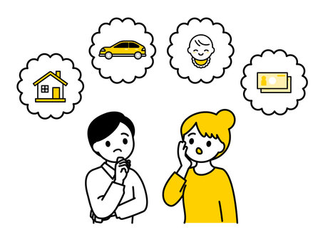 ライフプランを考える夫婦・男女03 人物,男性,女性,夫婦,家族,世帯,考える,思案,不安,ライフプランのイラスト素材
