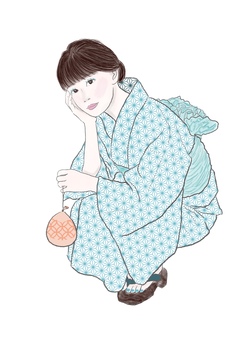 浴衣女子の夏祭り風景 浴衣,女性,夏祭り,しゃがむ,水風船,和装,日本文化,手描き風,かわいい,涼しげのイラスト素材