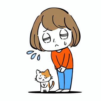 頭を下げながら謝る女性と猫 謝る,謝罪,お辞儀,焦る,汗,ごめんなさい,失敗,ミス,反省,遠慮のイラスト素材