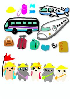 旅行 旅行,集団,飛行機,バス,新幹,水筒,帽子,荷物,時計,マップのイラスト素材