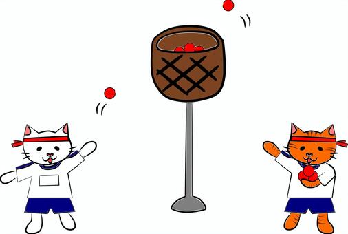 にゃんこの運動会。玉入れ 猫,にゃんこ,運動会,秋,学校,玉入れ,競技,スポーツ,運動のイラスト素材