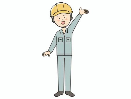 案内する男性作業員 案内する男性作業員 紹介,案内,説明,教える,お知らせ,注目,誘導,元気,手を振る,手をあげるのイラスト素材