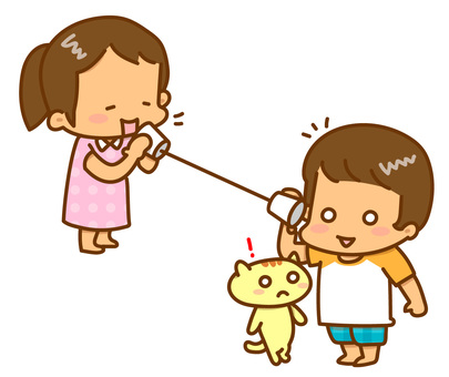 糸電話をする女の子たちとねこ 糸電話,実験,子供,女の子,理科,ネコのイラスト素材