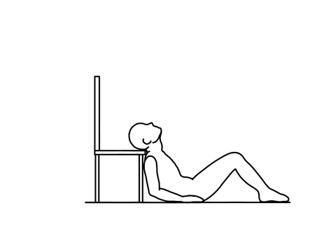 椅子からずり落ちた人 座位,悪姿勢,骨盤後傾,だらしない,脱力,横向き,線画,白黒のイラスト素材