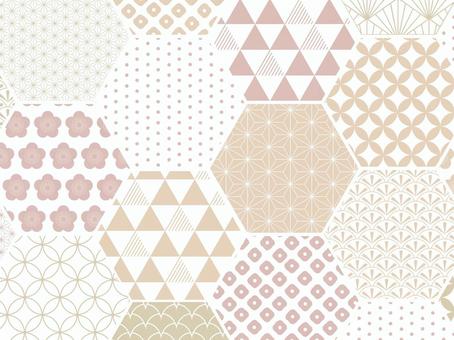 亀甲配置の和柄背景  亀甲,オレンジ,赤,年賀状,新年,謹賀新年,梅,鱗,鹿の子,麻の葉のイラスト素材