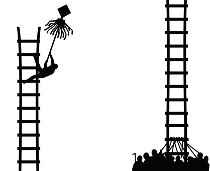 消防士出初式　はしご登りシルエット③ 消防,はしご登り,出初式,正月,竹,技,まとい,シルエット,両端,２種のイラスト素材