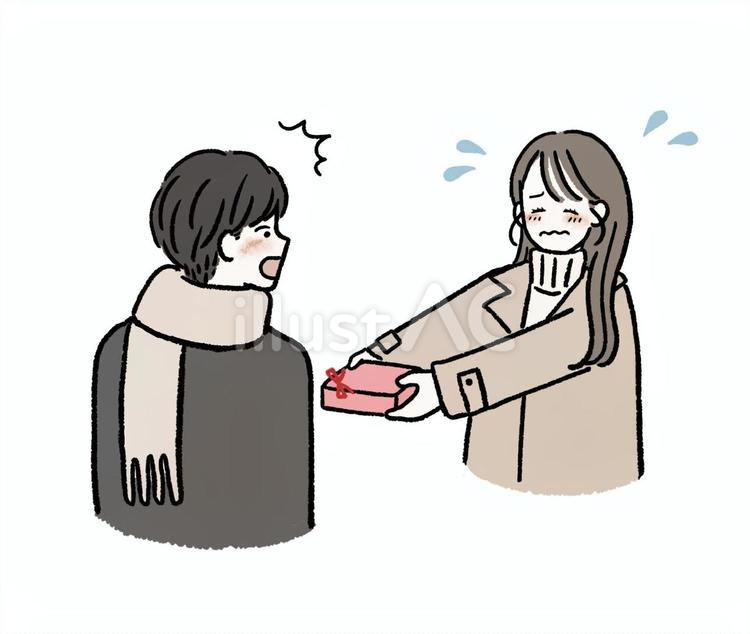 緊張してチョコを渡す女性と驚く男性 バレンタイン,バレンタインデー,チョコのイラスト素材