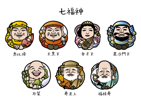 七福神 七福神,神様,正月,縁起,恵比寿,釣竿,鯛,大黒天,打ち出の小槌,袋のイラスト素材