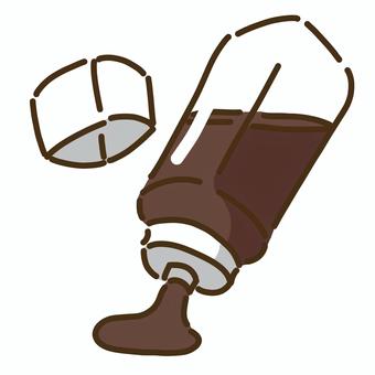 白色の蓋と中身を出しているソース８ ソース,調味料,焦げ茶,食べ物,茶,白色,四角,半分のイラスト素材