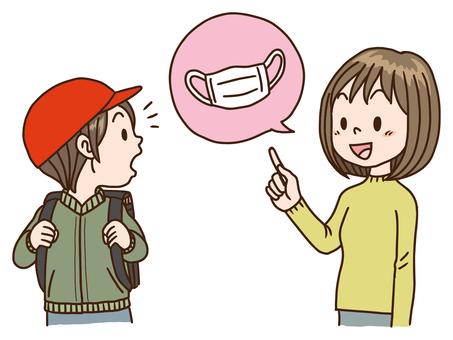そろそろマスクいるんじゃない？ マスク,必要,予防,ウイルス,注意,登校前,親子,会話,母親,女性のイラスト素材