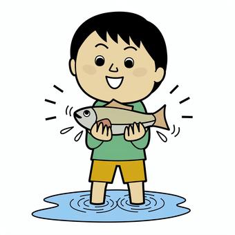 男の子_魚つかみ取り_輪郭あり 男の子,男児,男子,子ども,全身,川遊び,水遊び,水泳,魚,魚つかみ取りのイラスト素材