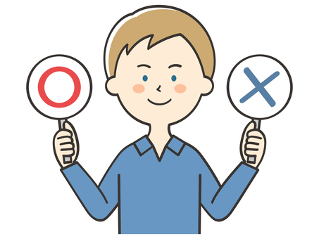 丸とバツの札を持つ白人男性 丸とバツの札を持つ白人男性 まるばつ,丸,バツ,札,クイズ,解答,回答札,問題,バラエティ,男性のイラスト素材