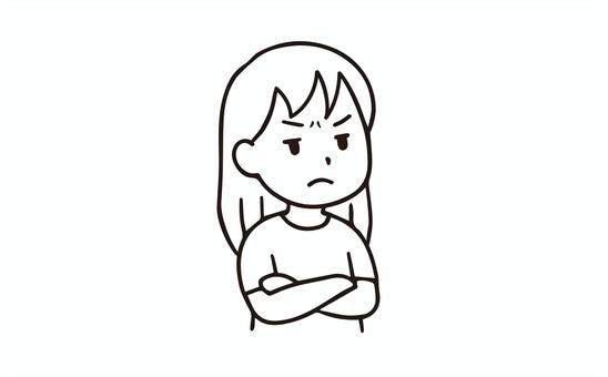 怒っている女の子の手書きイラスト 女の子,人物,怒り,イライラ,不満,不機嫌,腕組み,かわいい,手書き,モノクロのイラスト素材